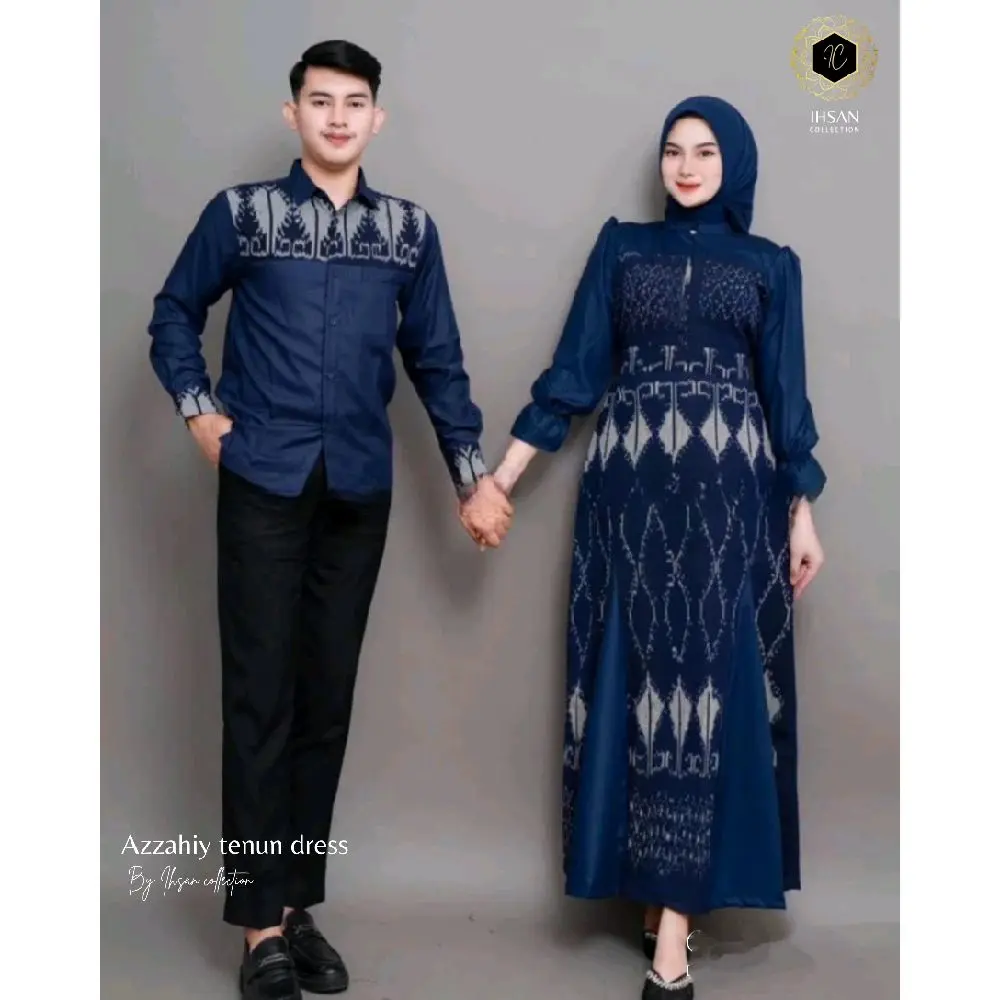 Baju Couple Ihsan Collection Tenun Warna Navy Motif Lembayung - Atasan, Katun, Sarimbit, Ibu, Setelan, Batik, Wanita, Gamis, Muslim, Dewasa ( baju lebaran 2025)