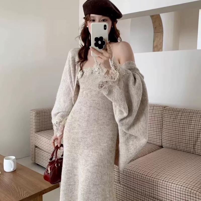  Set len QC Set váy len kèm choàng phối ren sang chảnh tiểu thư thu đông 2026 