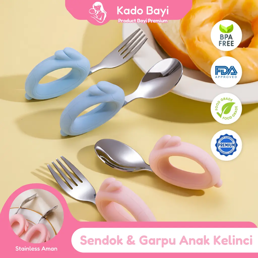 Sendok Garpu Anak Stainless Steel - Set Makan Bayi 1 Tahun+, Ujung Tumpul Aman, Gagang Silikon Anti Slip, BPA Free & Aman Steril