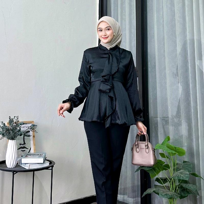 MARSYA TOP BAJU ATASAN WANITA BAHAN SHIMMER MODEL TRENDY DENGAN KARET TANGAN DAN RISLETING DADA 3