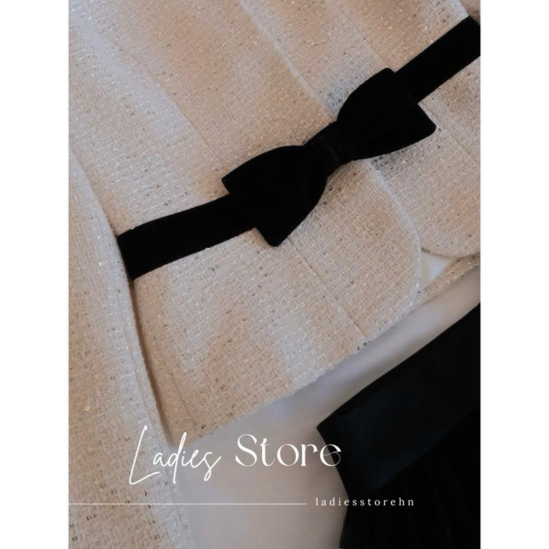   HÀNG MỚI VỀ  Set Dạ Bling Kim Sa Eo Phối Nơ Đen Kèm Chân Váy Lưới Đen Xoè Sang Chảnh - LS00143 