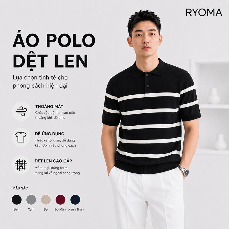 Áo polo dệt kim RYOMA, chất len dệt kim cao cấp, thoáng mát, co giãn, không xù, không nhăn , kiểu dáng sang trọng NLH-04