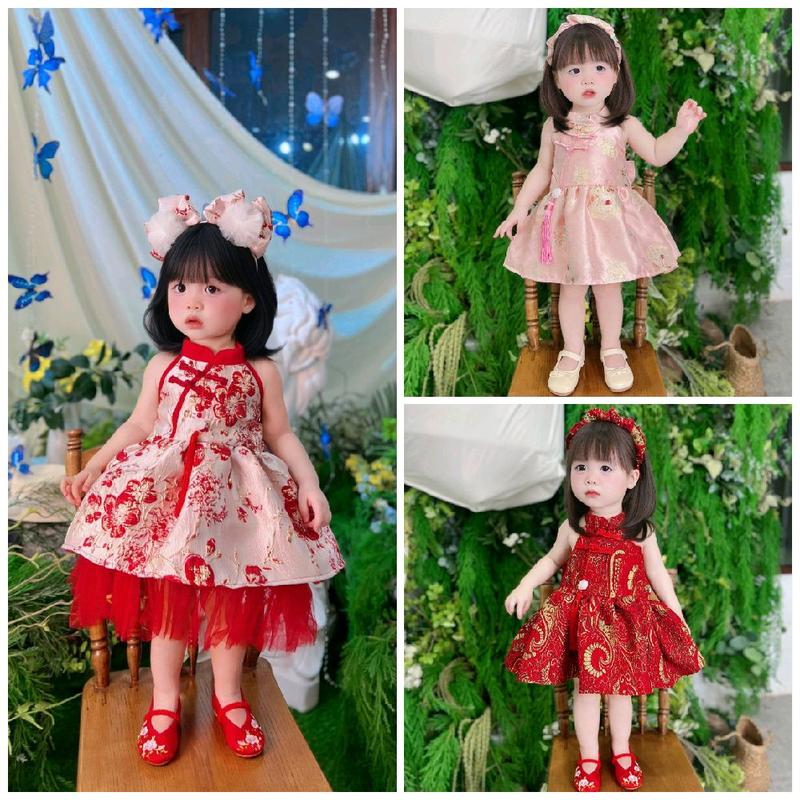   Form To Váy Yếm Cổ Tàu Gấm Hồng,Gấm Đỏ Kèm Cài Quần Chip Nơ Lưng 4-15 Kg,Yếm Cho Bé Mặc Lễ Tết Quanh Năm 