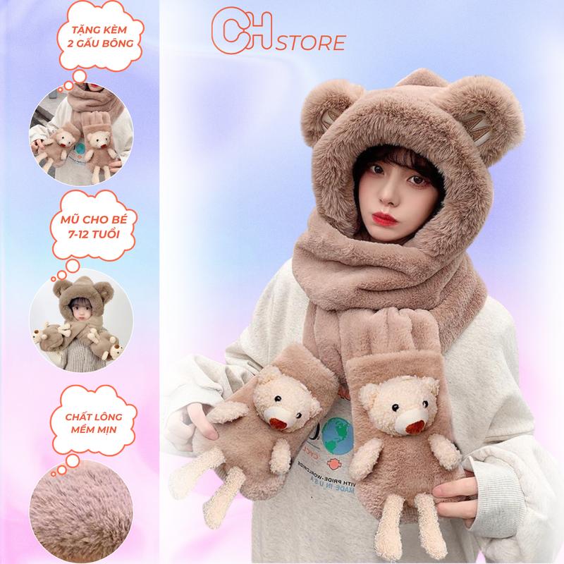 Mũ kèm khăn 3in1 cho mẹ và bé hoạ tiết gấu bông chất len mềm mượt ấm áp mùa đông