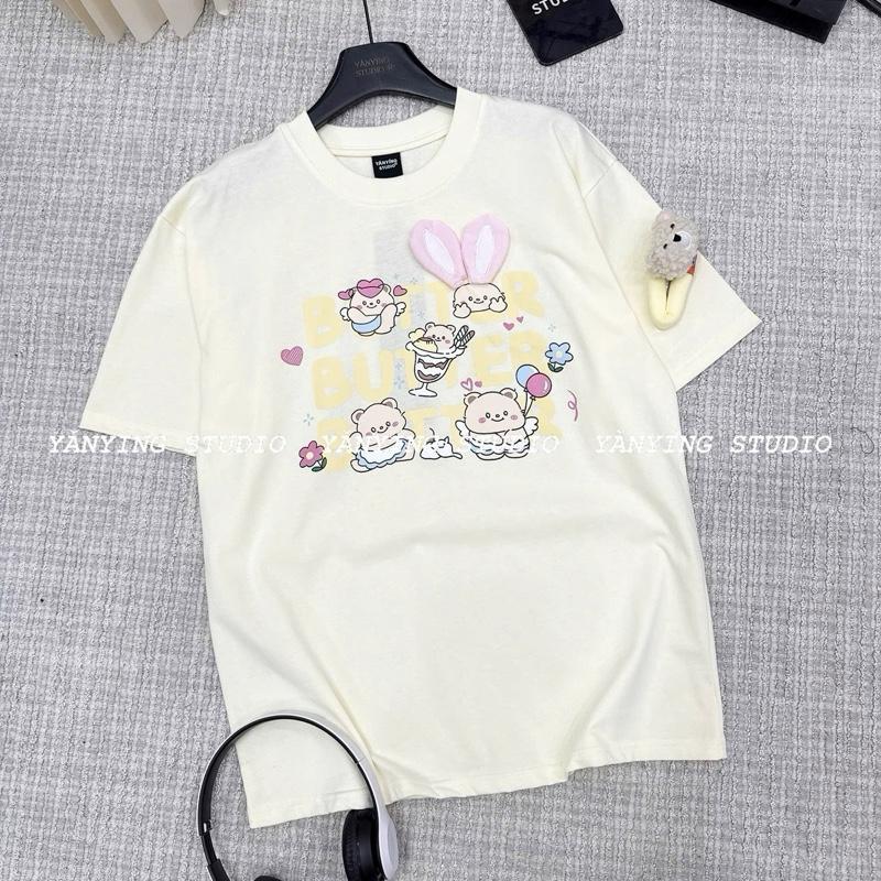 Phông hoạ tiết Gấu cute thêu tai nổi kèm kẹp tóc, form rộng 3