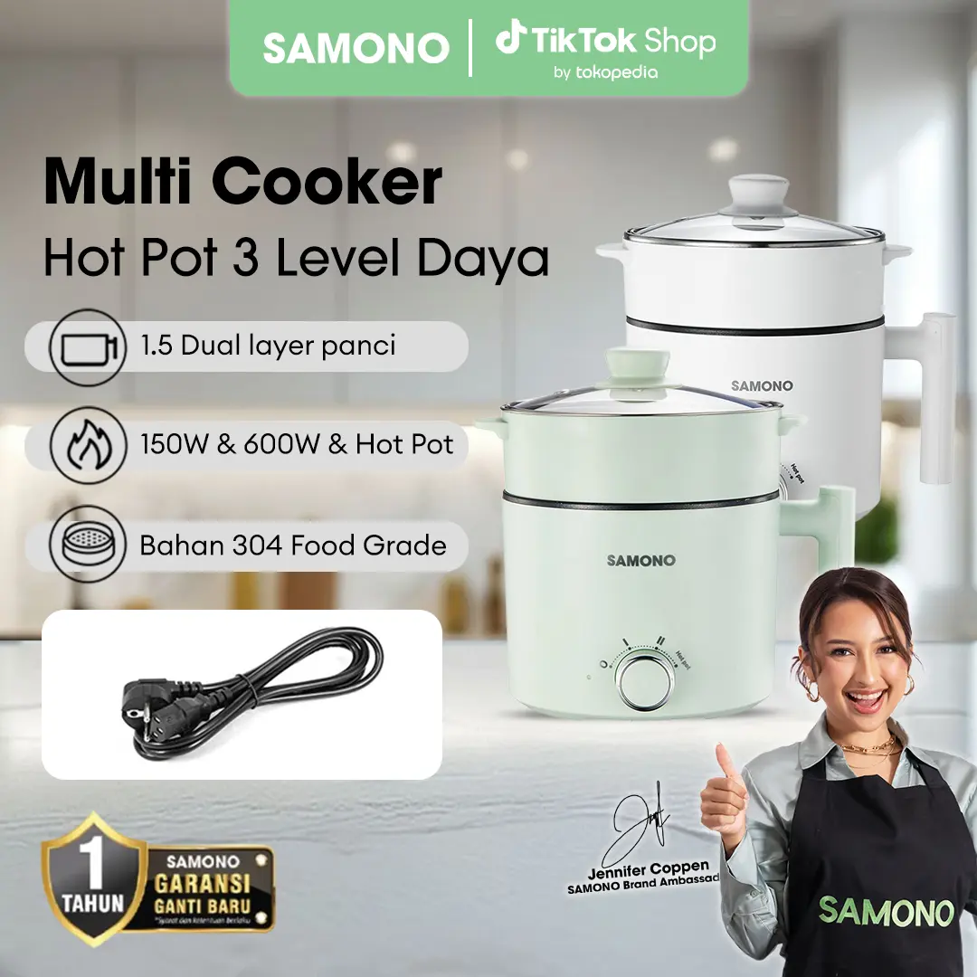 (VD MAX) Samono Panci Listrik Hotpot Multi Cooker 1,5L Dengan Kukusan Tutup Kaca 150 Watt (SW-DG04S) Putih Stainless