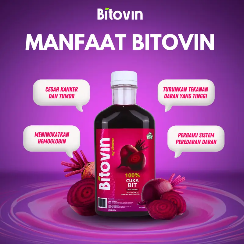 3 Botol BITOVIN Cuka Buah Bit Murni 300ml - Superfood untuk Menjaga Kesehatan Jantung dan Tekanan Darah Normal - Probiotik 1