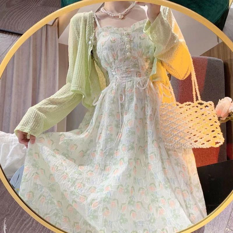 Váy Hai Dây Dài Trung Bình Hoa Mỏng Mùa Hè, Cỡ Lớn Cho Nữ, Bộ Đồ 2 Món, Hàng Mới Về 7