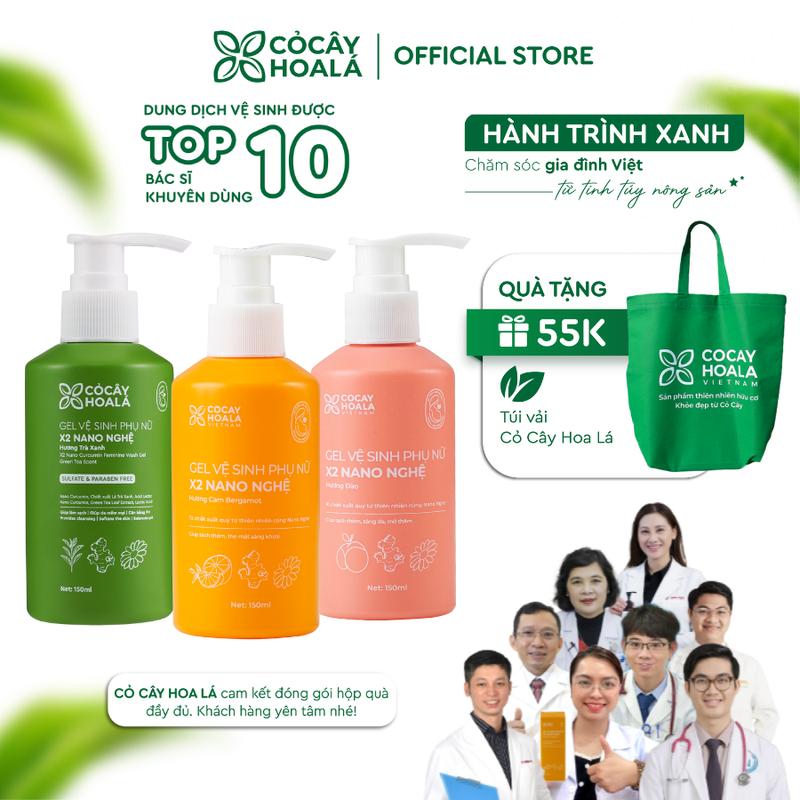 [TOP NỔI BẬT] Dung Dịch Vệ Sinh Phụ Nữ Gel x2 Nano Nghệ Cỏ Cây Hoa Lá - Làm Sạch, Hỗ Trợ Ngừa Vi Khuẩn 150ml - Tặng Gói Lục Trà Đường Hoa Việt Tú 8g/ Túi vải Cỏ Cây Hoa Lá