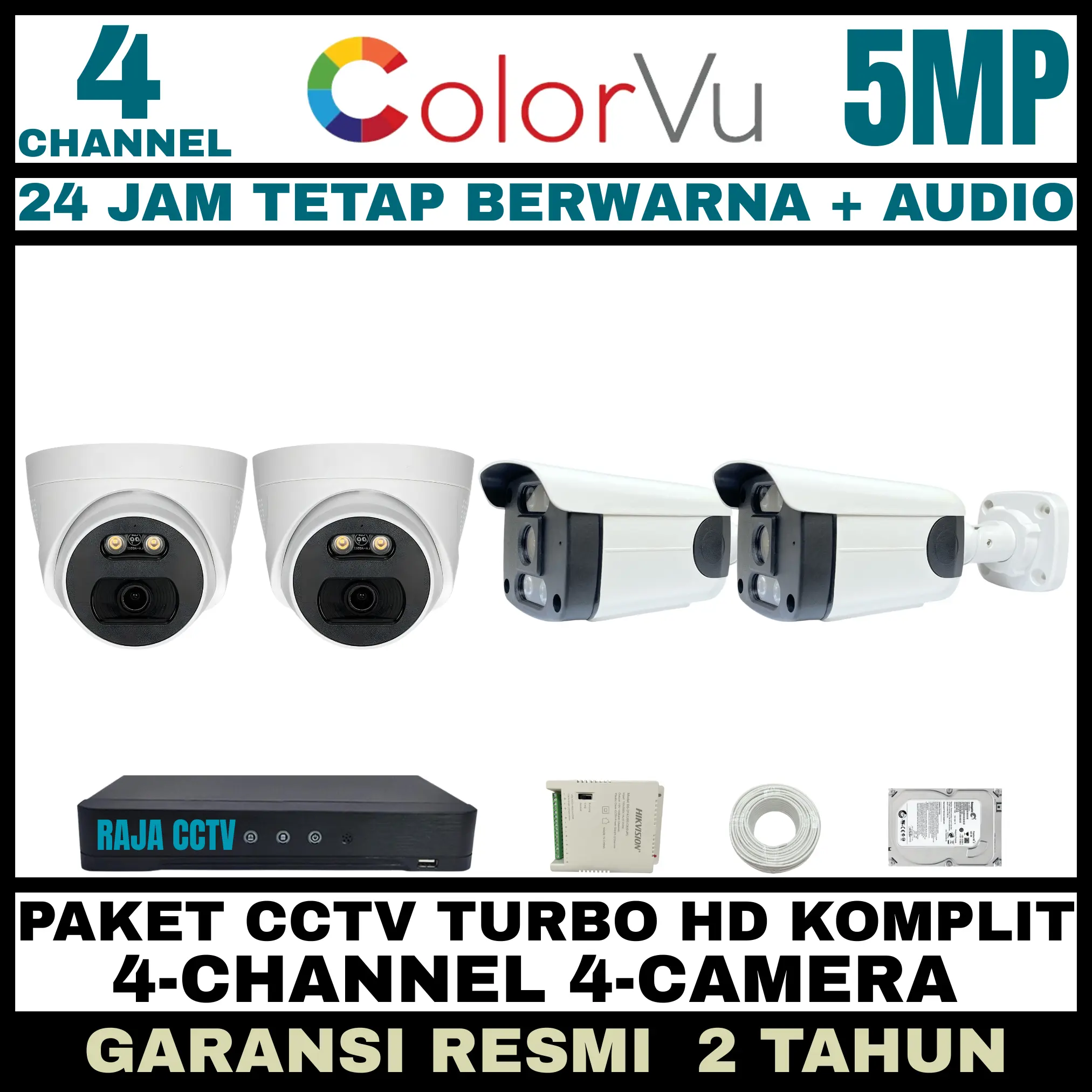 paket cctv colorvu 5mp 4 channel 4 kamera siang malam berwarna audio series