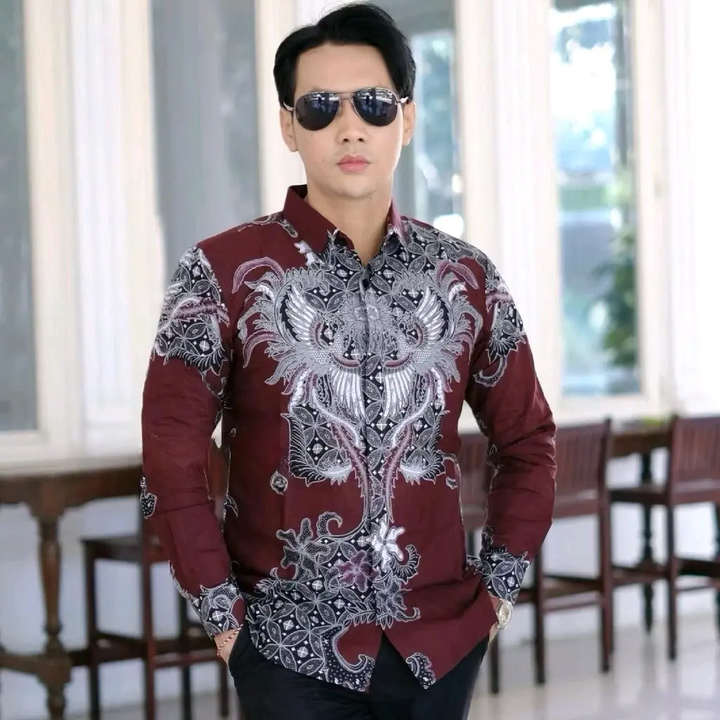 Kemeja Batik Katun Solo SENO MAROON Size Jumbo 5L LD 130 Ready Lengan Panjang Dan Pendek Kemeja Katun Halus Sudah Berlapis Furing