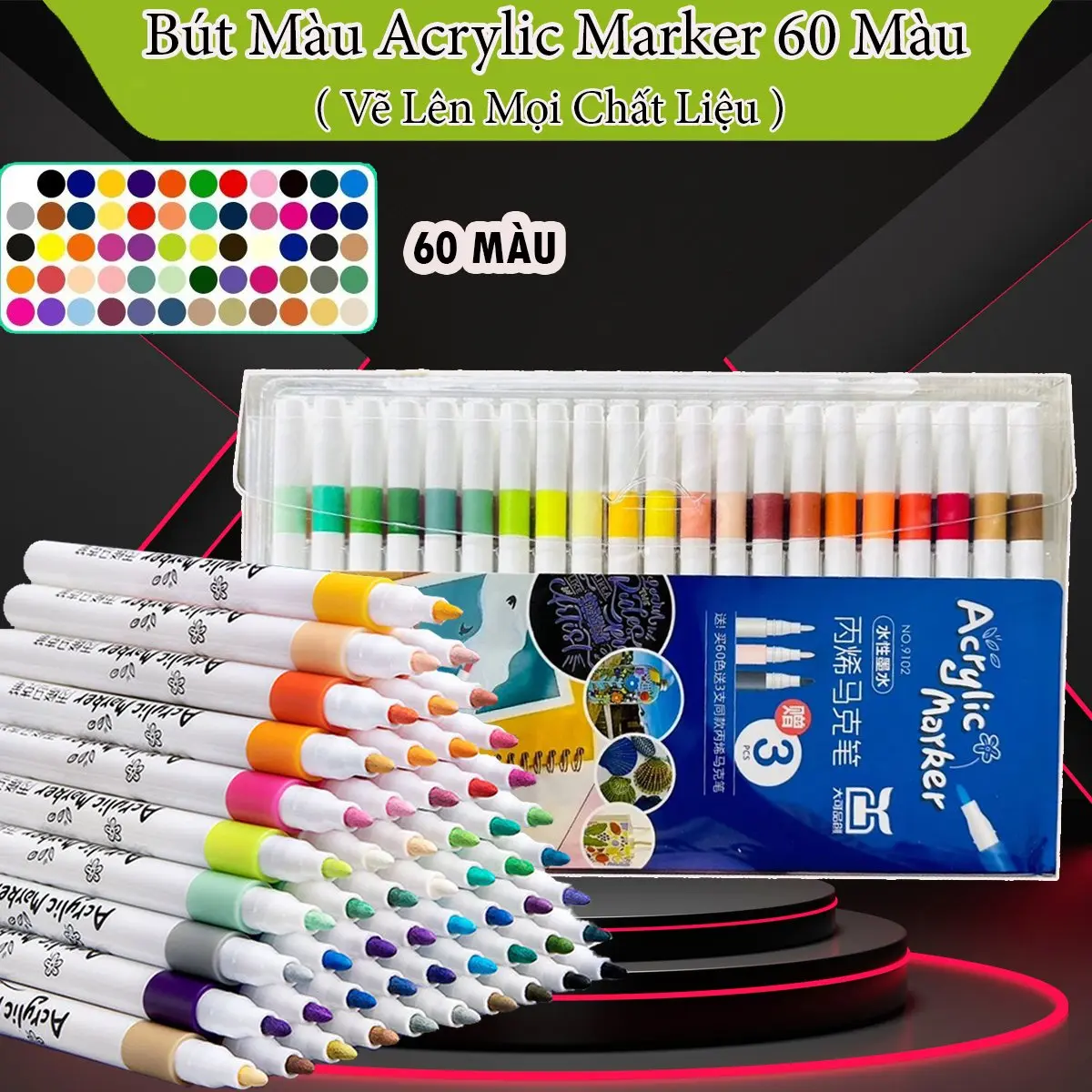 Hộp 60 Bút Màu Acrylic Marke Cao Cấp Chống Nước Cao Cấp Màu Sắc Tươi Sáng - Bút Lông Màu Vẽ Trên Mọi Chất Liệu