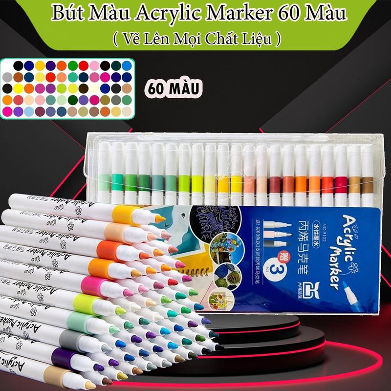 Hộp 60 Bút Màu Acrylic Marke Cao Cấp Chống Nước Cao Cấp Màu Sắc Tươi Sáng - Bút Lông Màu Vẽ Trên Mọi Chất Liệu