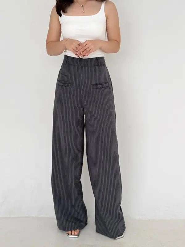 [Poshy] Kimberly Loose Stripe Pants Highwaist Semiwool Pockets Celana Panjang Wanita Premium Straight Trouser Celana Garis 0