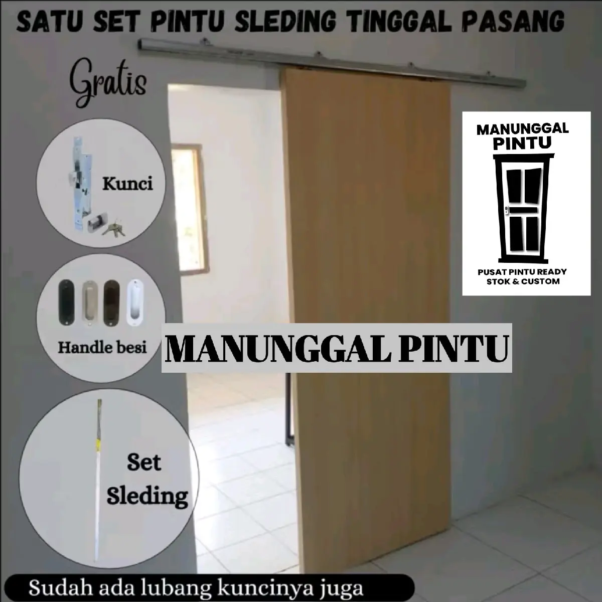ready satu set pintu sleding/geser, rell sleding free lubang kunci dan lapis samping