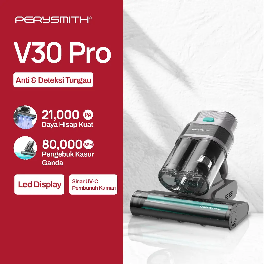PerySmith V30 Pro Ultrasonic Double Dust Cup Anti Dust Mite UV Vacuum Cleaner Penyedot Debu Tungau Mite Removal Instrument