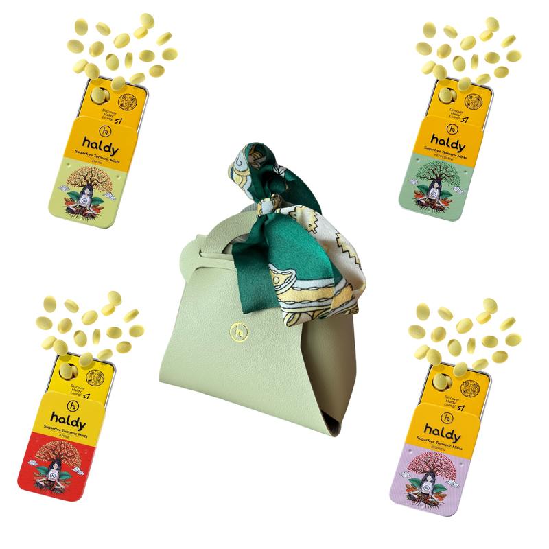 Haldy Designer Mini (Green bag) + All 4 Flavours of Sugarfree Turmeric Mints Snack Candy 1