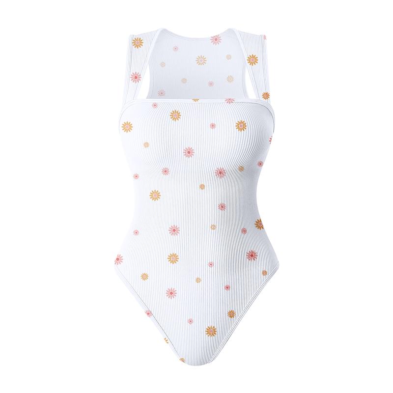 OQQ  Women's Printed Bodysuits For Women Ribbed Strappy Square Neck Stretch Tank Tops Bodysuits Womenswear 2