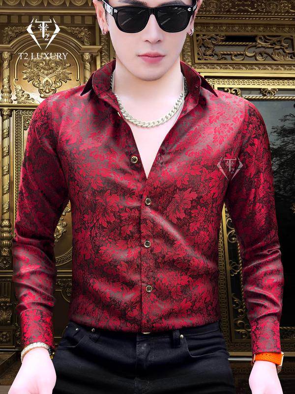 Áo sơ mi nam vải gấm dệt kim hoa văn nổi 3D sang trọng quý tộc Ôm gọn Menswear