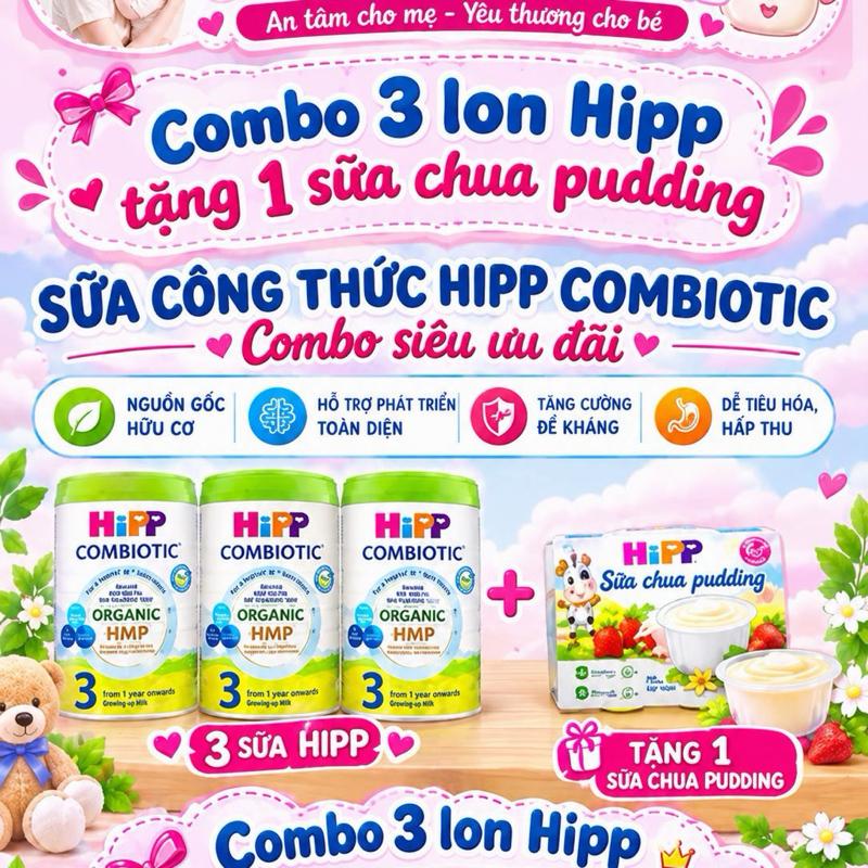 Hipp Combo 3 lon Sữa Công Thức Combiotic Organic HMP & Tặng 1 Sữa Chua Pudding cho Bé