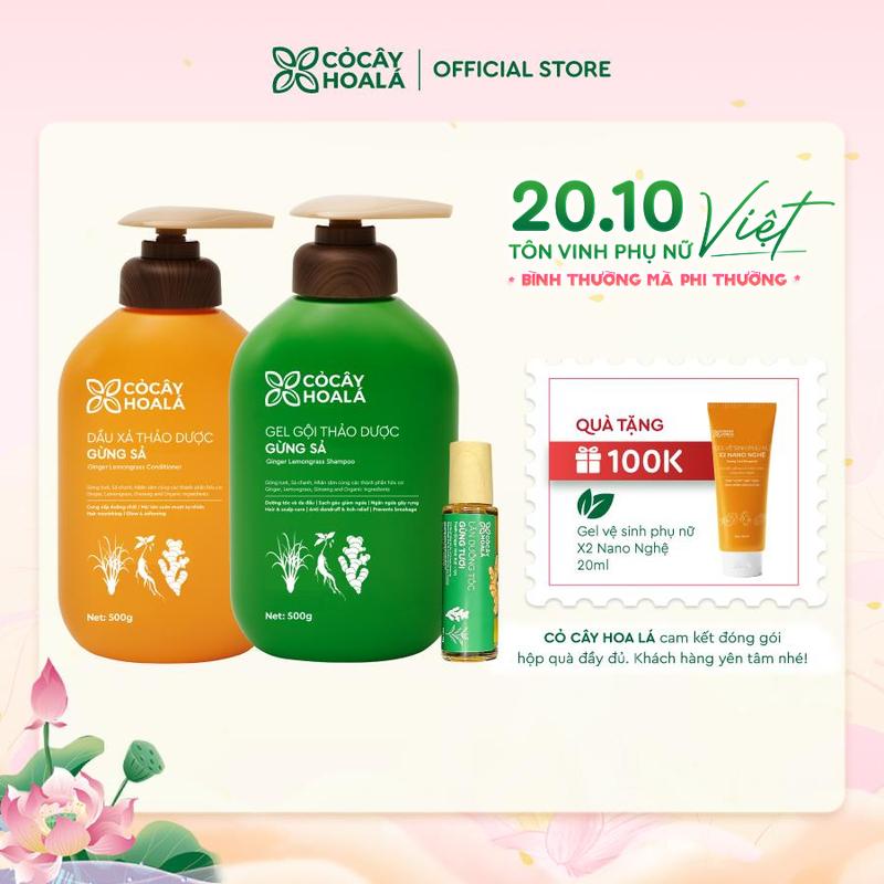 [COMBO DƯỠNG TÓC GỪNG] Combo Dầu Gội Xả Thảo Dược Cỏ Cây Hoa Lá Gừng Sả 500g/chai & Thanh Lăn Hỗ Trợ Làm Dày Tóc Từ Gừng 15g - Hỗ Trợ Giảm Bết Dầu Gàu, Hỗ Trợ Làm Dày Tóc, Dưỡng Tóc Chắc Khỏe