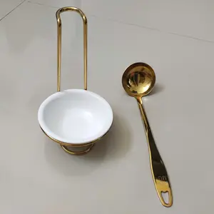 HOMU HORUDA Gold Stainless Steel Ladle Stand Holder Sendok Sup Berdiri Stainless Rak Spatula dengan Mangkuk Keramik Putih