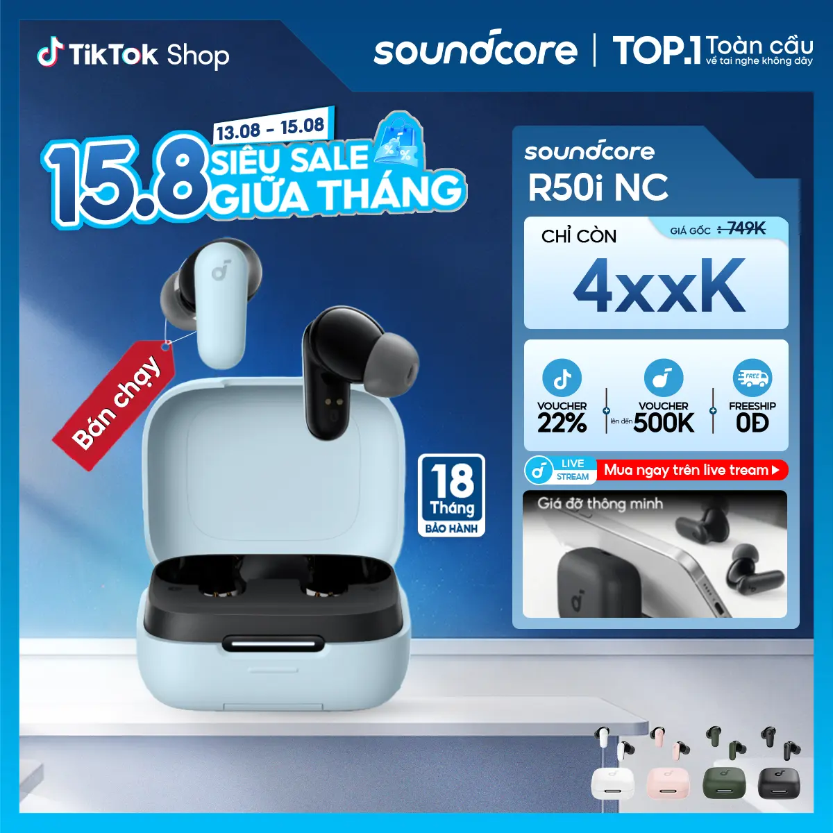 Tai nghe Bluetooth Soundcore R50i NC(P30i) chống ồn ANC|40 giờ phát nhạc| IP54| Dịch thuật AI trên App |Tai nghe gaming- Tai nghe không dây - Tai nghe bluetooth tốt pin trâu- Bảo hành 18 tháng- Hàng chính hãng