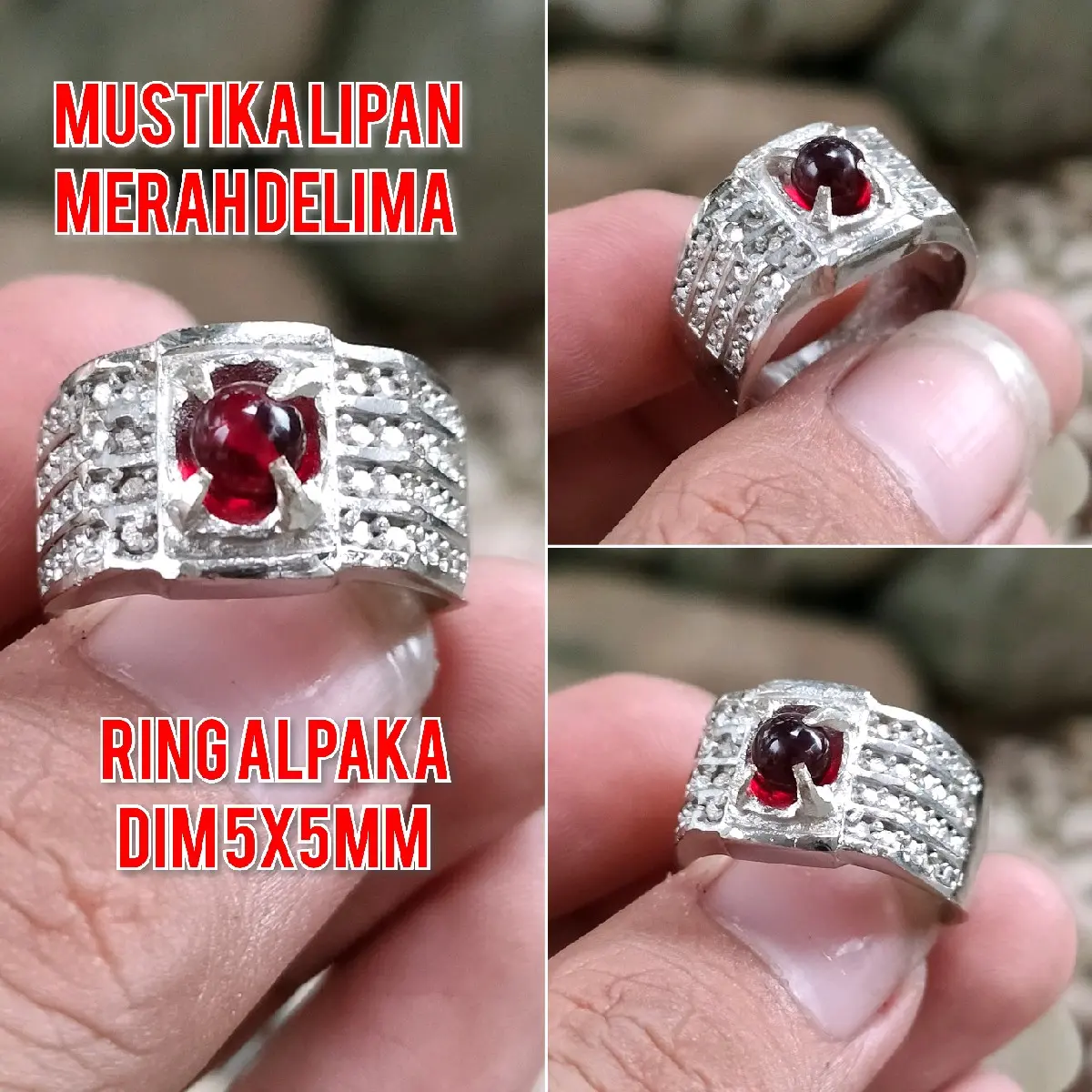 CINCIN PRIA BATU MUSTIKA LIPAN BULAT MERAH DELIMA ALPAKA