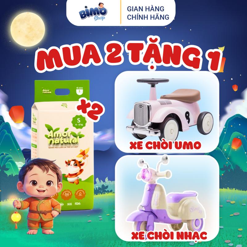 (2A) [TẶNG XE CHÒI NHẠC 3 BÁNH/ CHÒI UMO] Combo 2 Bịch Tã/ Bỉm AMOR NATURAL VIỆT NAM Thoáng Khí Mỏng Nhẹ Cho Bé