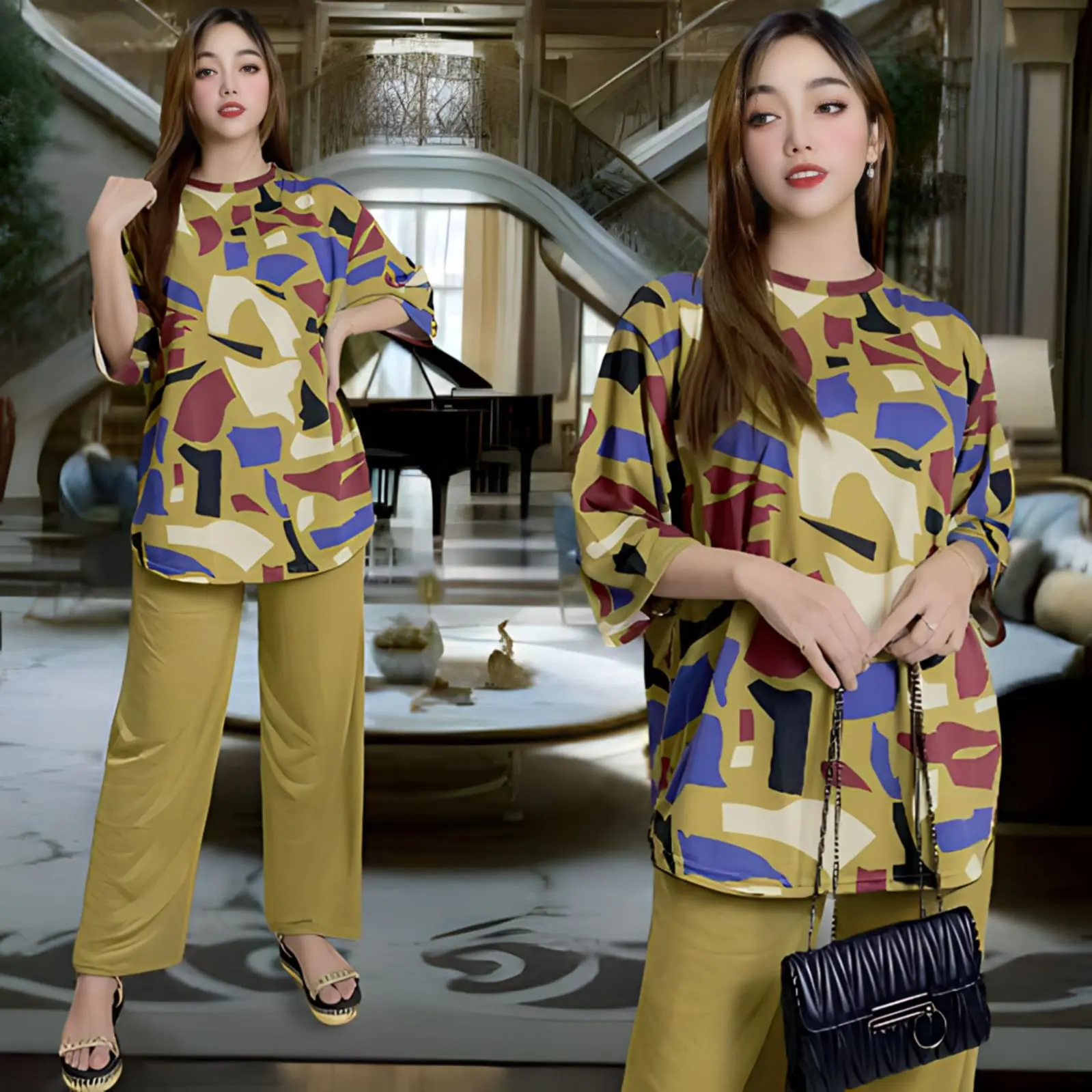 AZIZA PAKAIAN SETELAN WANITA LD 120 CELANA LURUS KANTONG KIRI KANAN DAN ATASAN OVAL BELAHAN KIRI DAN KANAN OVERSIZE WANITA BAHAN VISTATERRY MOTIF PRINTING