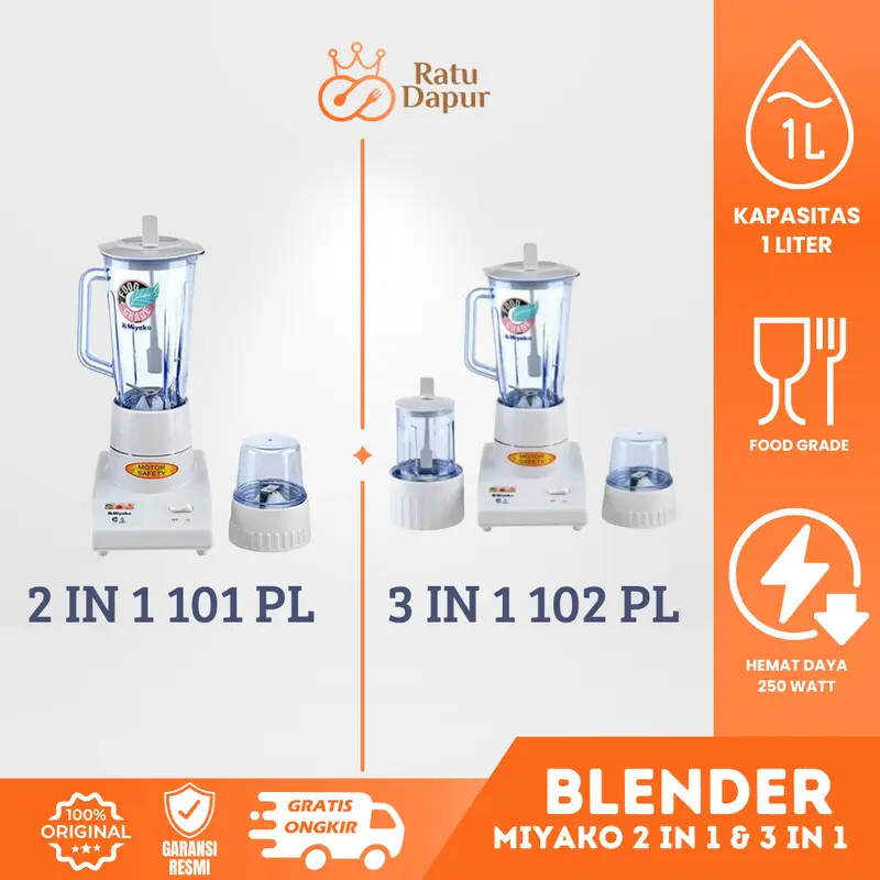 BLENDER MIYAKO PLASTIK 3IN1 102 PL 3 Tabung 1 LITER - BLENDER MIYAKO PLASTIK 2IN1 101 PL 2 Tabung 1 LITER pisau stainless mesin | GARANSI 1 TAHUN 0