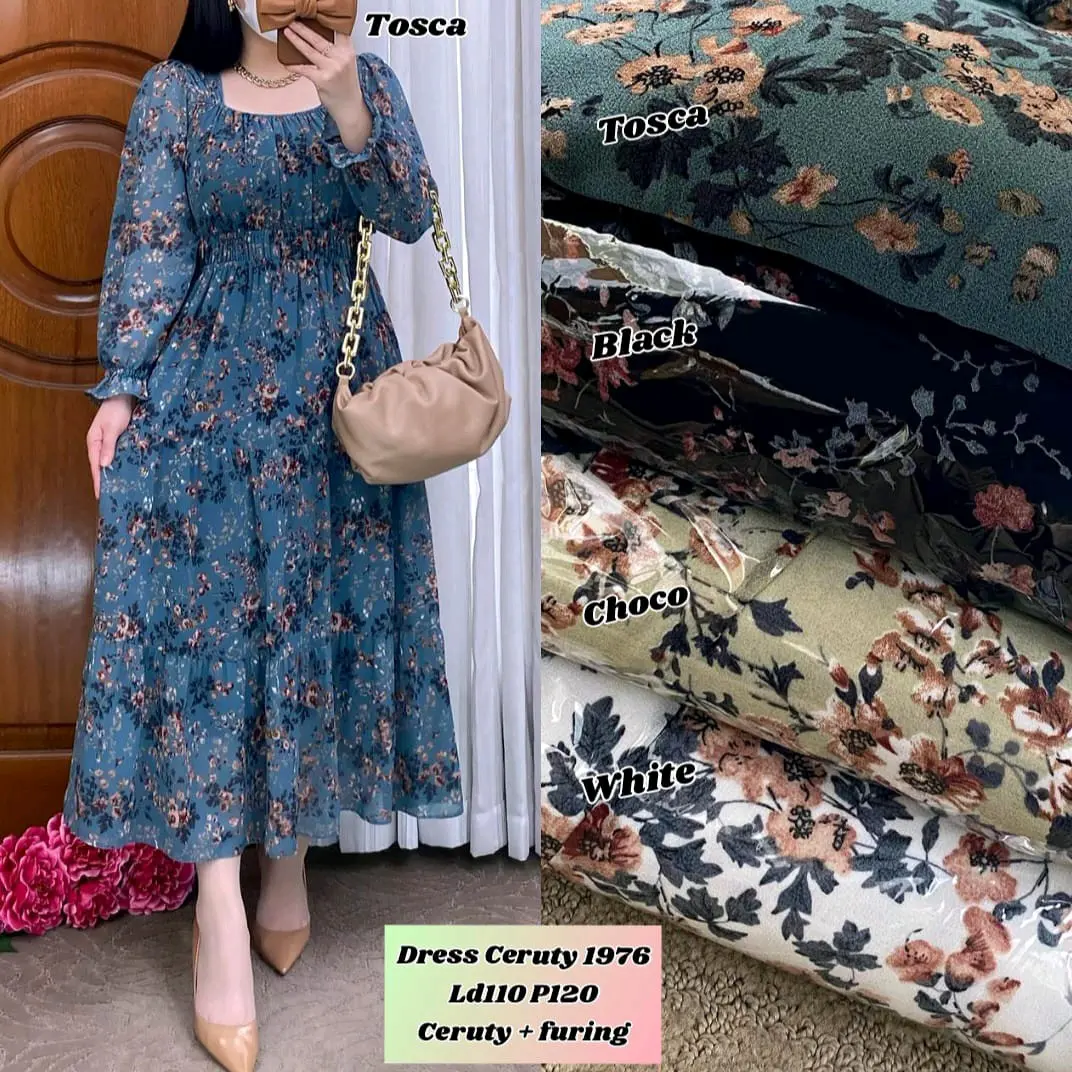 MIBY - Dress Ceruty 1976 - Baju Lebaran - Gamis Kekinian - Dress Bunga - Dress Premium