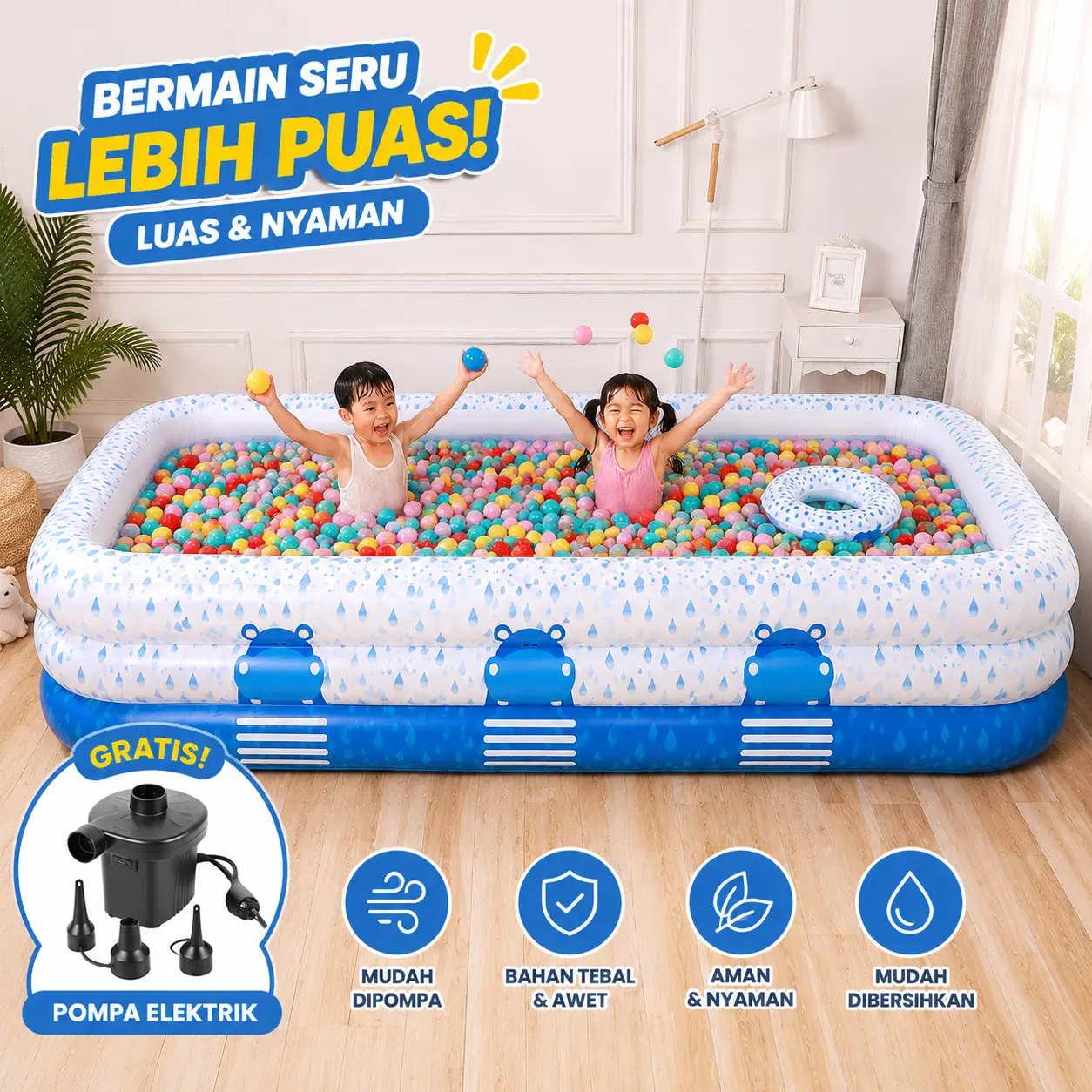 Kolam Renang Jumbo Keluarga Inflatable 3 Ring SNI Tebal Anti Bocor Bonus Pompa Kolam Anak PVC Premium