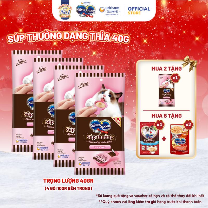   MUA 2 TẶNG 1  Súp Thưởng Cho Mèo Dạng Thìa Silver Spoon 40G Vị 5 Vị Cá Ngừ Cá Ngừ Vằn Bò Hải Sản Cá Hồi - Siêu Tiện Lợi Cho Mèo Bổ Sung Vitamin E Tăng Cường Hệ Miễn Dịch 
