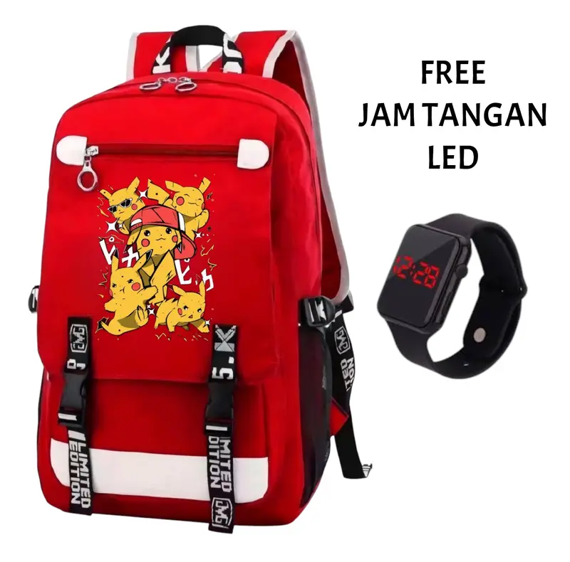 TAS RANSEL ANAK POKEMON - TAS ANAK SEKOLAH PAUD TK SD UNISEX - RANSEL ANAK COWOK CEWEK PIKACHU BONUS JAM TANGAN 2