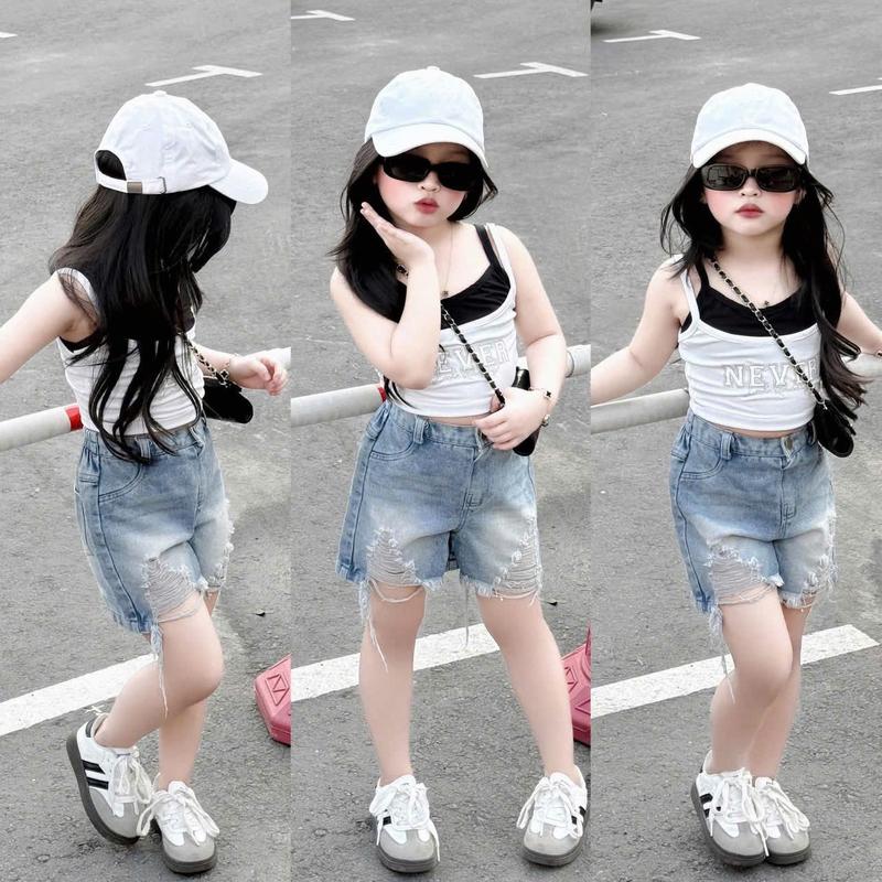 Lumy -Sét áo 2 dây kèm quần Jean đùi rách cho bé Gái Đủ size 8-35kg Never Jean