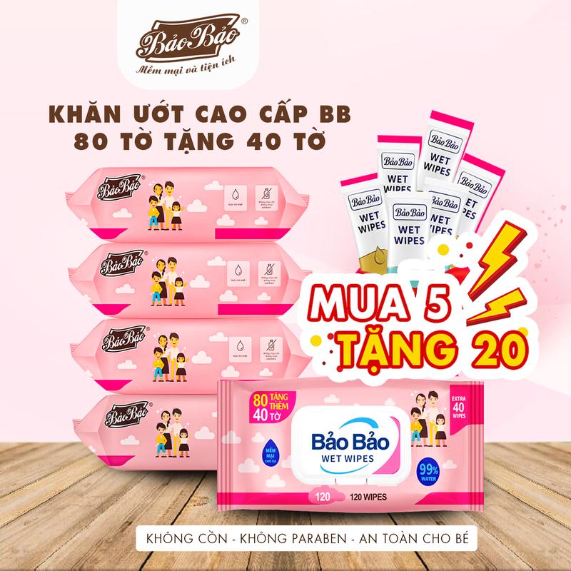  Combo 5 Khăn ướt BB Bảo Bảo 120 tờ không cồn không mùi không Paraben không mùi dành cho mẹ và bé 