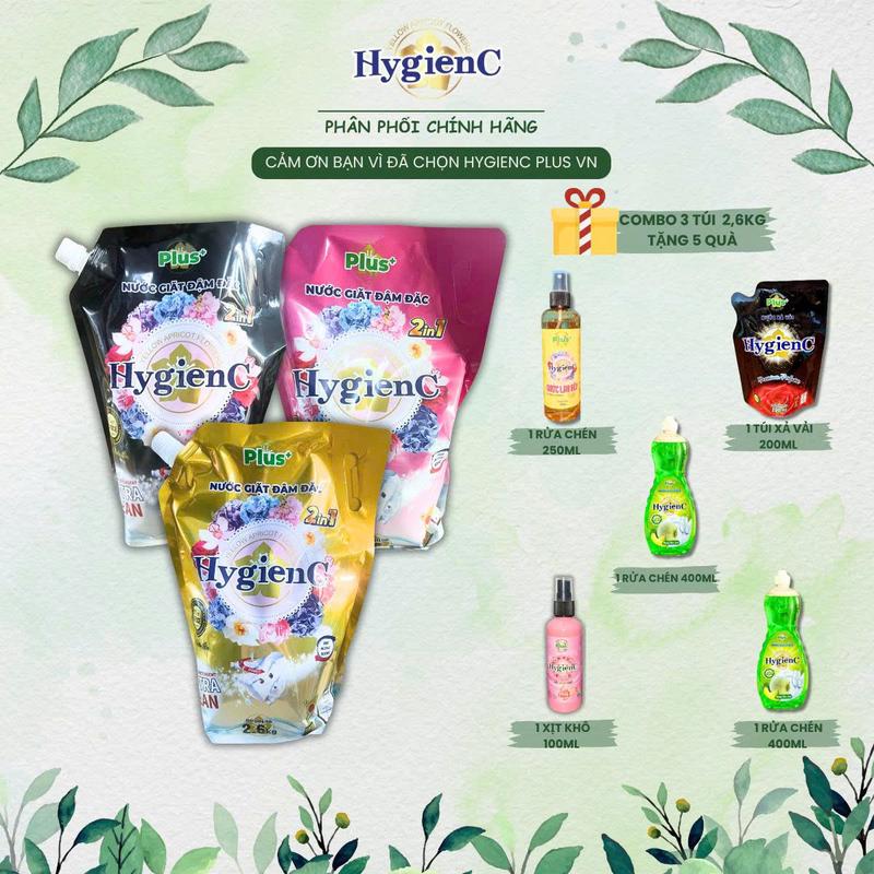 [HOT] - [TẶNG 5 MÓN QUÀ] Combo 3 Túi Nước giặt HygienC Plus (2600ml/túi) thơm ngát, làm sạch - (QUÀ: 1 TÚI XẢ VẢI 200ML + 2 CHAI NƯỚC RỬA CHÉN 400ML + 1 CHAI LAU BẾP + 1 CHAI XỊT KHÔ HỒNG)