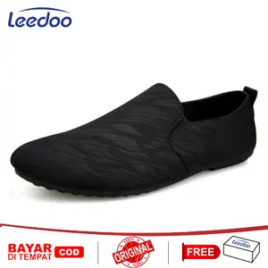 Leedoo Sepatu Pria Slip On Karet Flat Sneakers Casual Sepatu Kanvas Pantofel Kerja Shoes Cowok Hitam MR214