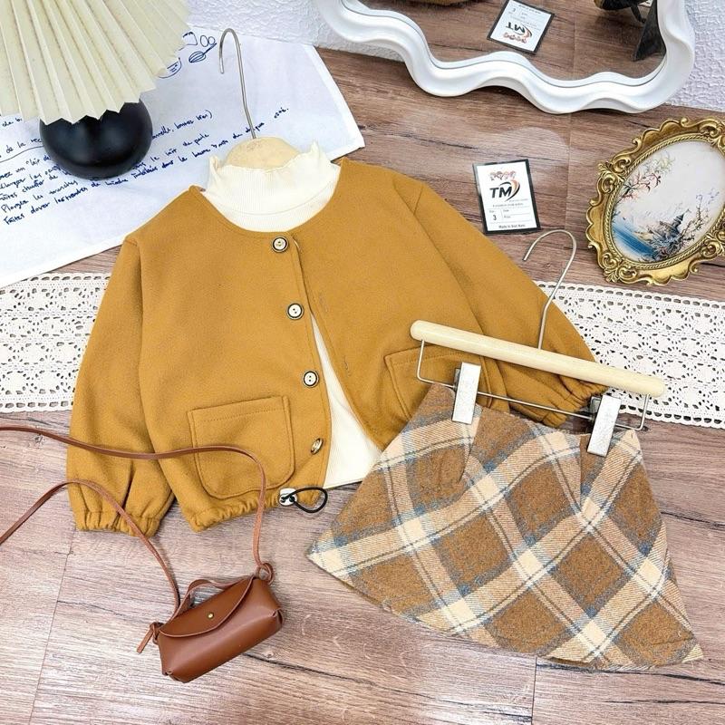   Nini Kids - Tặng kèm áo giữ nhiệt  sét áo kèm chân váy dạ cho bé đủ size 8-35kg   Da8- dạ vàng đỏ  