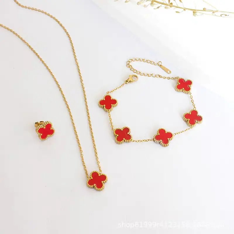 Set Aksesoris Kalung, Anting, dan Gelang Titanium Wanita Bunga Mewah Elegan Anti Karat 0