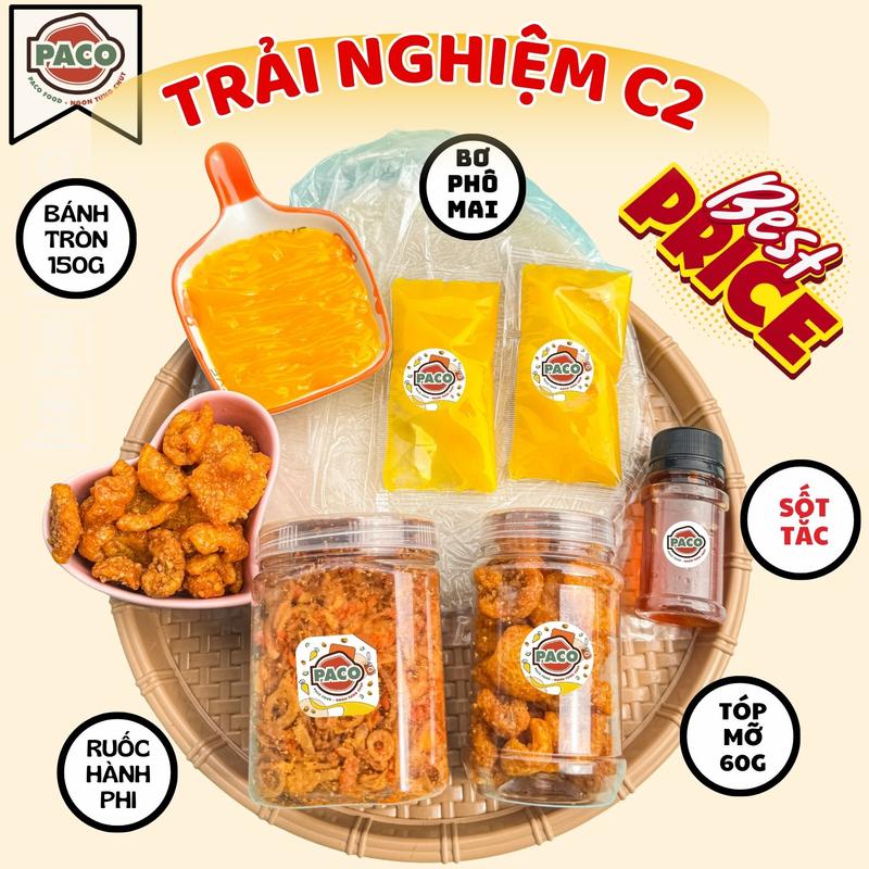 COMBO TRẢI NGHIỆM C2 Combo bánh tráng phơi sương Paco Food gồm 5 món 1 bánh tráng 12-13 cái 1 hủ ruốc hành phi 130g 1 hủ tóp mỡ kèm 2 túi bơ phô mai và 1 chai sốt tự chọn