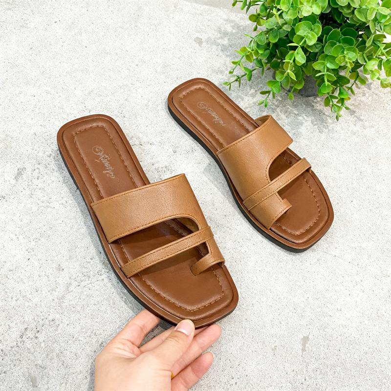 Sandal Selop Wanita Polos, Sepatu Musim Panas Flat Kasual dengan Pengait Jari, Sandal Selop Berdesain Ringan