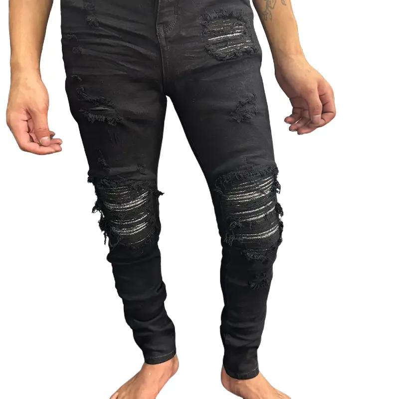 Quần vá kim tuyến đen co dãn vải dày ít phai phom skinny ôm sát chân Jean Menswear Nam Pants Có Túi quan nam jean vá quần jean