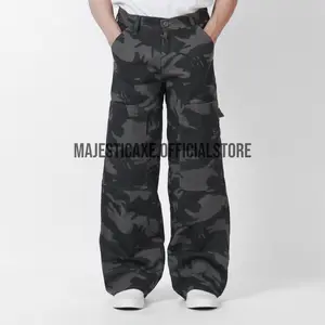 MAJESTIC AXE - Celana Carpenter Loreng Reguler Camo Hitam Abu Saku Banyak Double Knee Vintage