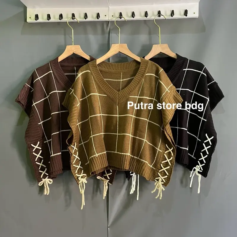 Julia vest knite motif kotak-kotak rompi rajut wanita tali serut korean style