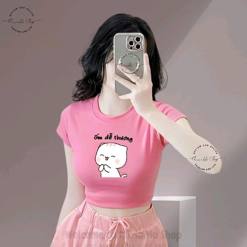 Áo Thun Croptop Basic Form Ôm Body Nữ Cổ Tròn Tay Ngắn In Hình "Ốm Dễ Thương Style Cat Cute", Kích Cở S M L, Women Sò Sen Hoa Sen Dáng Ngắn Thun