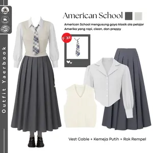 Setelan Wanita Yearbook American School Muslim (Atasan Vest Cable + Atasan  Kemeja Puff + Bawahan Rok Remple ) OOTD Yearbook Remaja - FO29