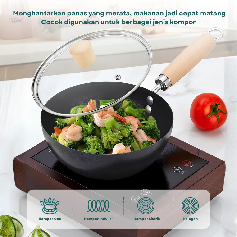 Aladin Wajan Penggorengan Anti Lengket + Tutup Kaca 24cm / 28cm | Fry Pan Premium Gagang Kayu