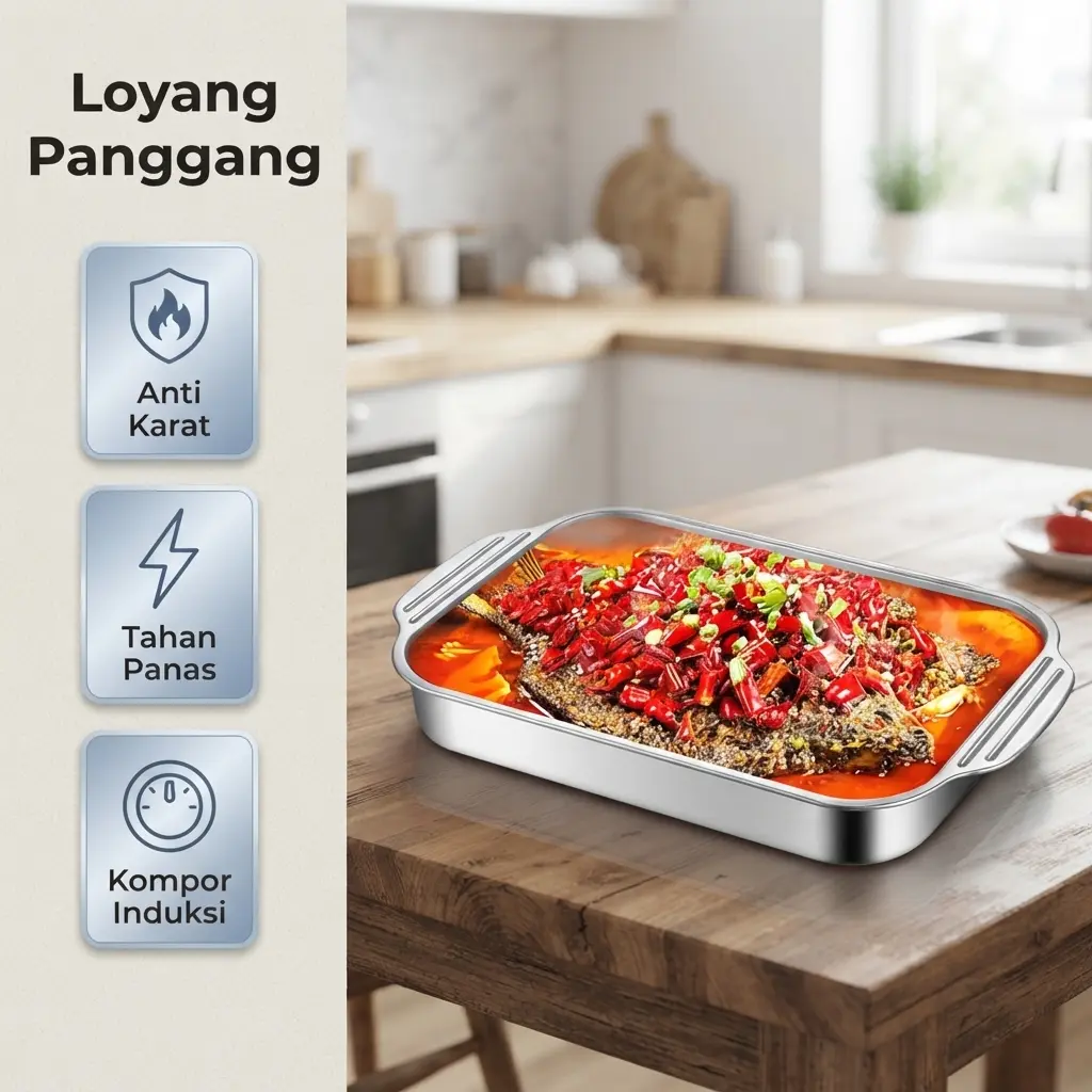 Loyang Nampan Panggang Multifungsi Stainless Steel 410 Anti Karat Tahan Panas untuk Memanggang Mendinginkan Makanan dan Penyajian Praktis di Dapur Serbaguna Kompor Induksi